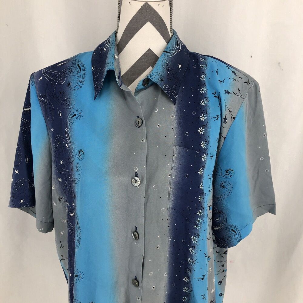 Vintage Kathy Che Blue Gray Floral Paisley Button Up Blouse Shoulder Pads 18